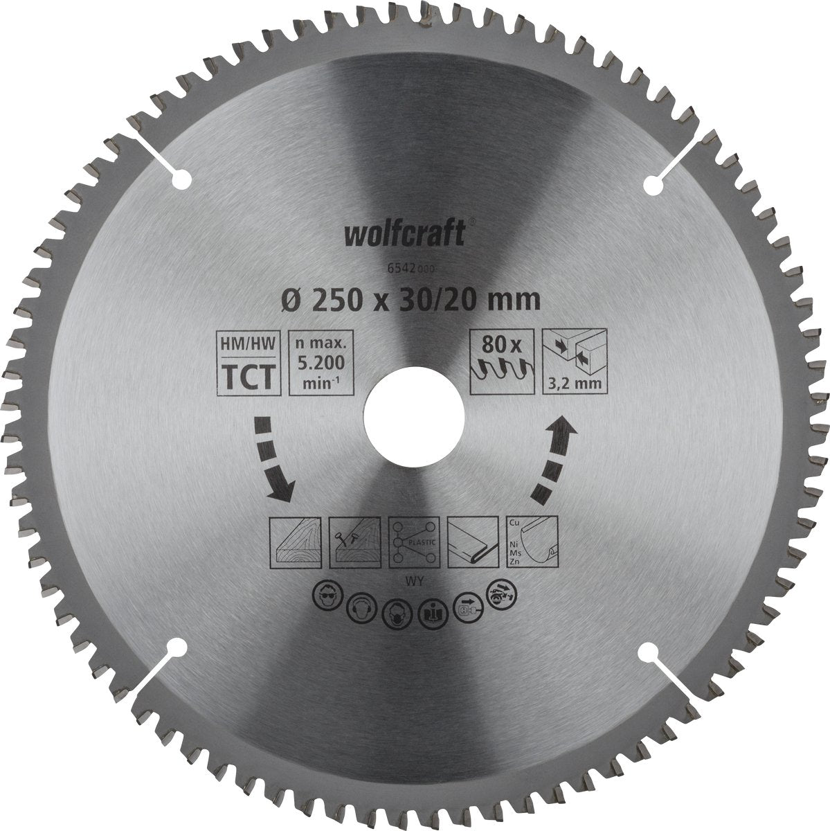 Wolfcraft - Sägeblatt 250 x 30 mm - 80 Zähne - Kappsäge - Gehrungssäge - 6542000