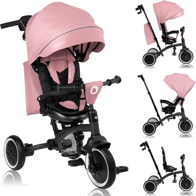 Lionelo Tris Plus Dreirad 2in1 – Kinderwagen-Dreirad – 360° drehbarer Sitz – von 9 Monaten bis 5 Jahren (25 kg) – große PU-Pannenschutzräder – verstellbare Rückenlehne – Elternlenkrad – Freilauffunktion – inklusive Zubehörset