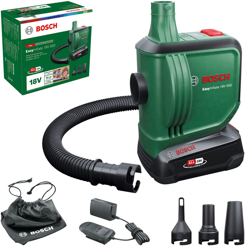 Bosch easyinflate 18v-500 – Akku-Luftpumpe – inkl. 1x 18V 2,0 Ah Akku - Ladegerät - 3 Düsen - 50cm Schlauch - Aufbewahrungstasche