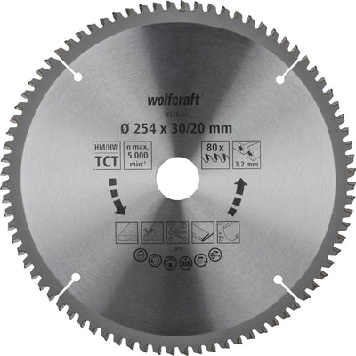 Wolfcraft - Sägeblatt 254x30mm für Kappsäge - 80 Zähne - Gehrungssäge - Serie Flieder - 6543000