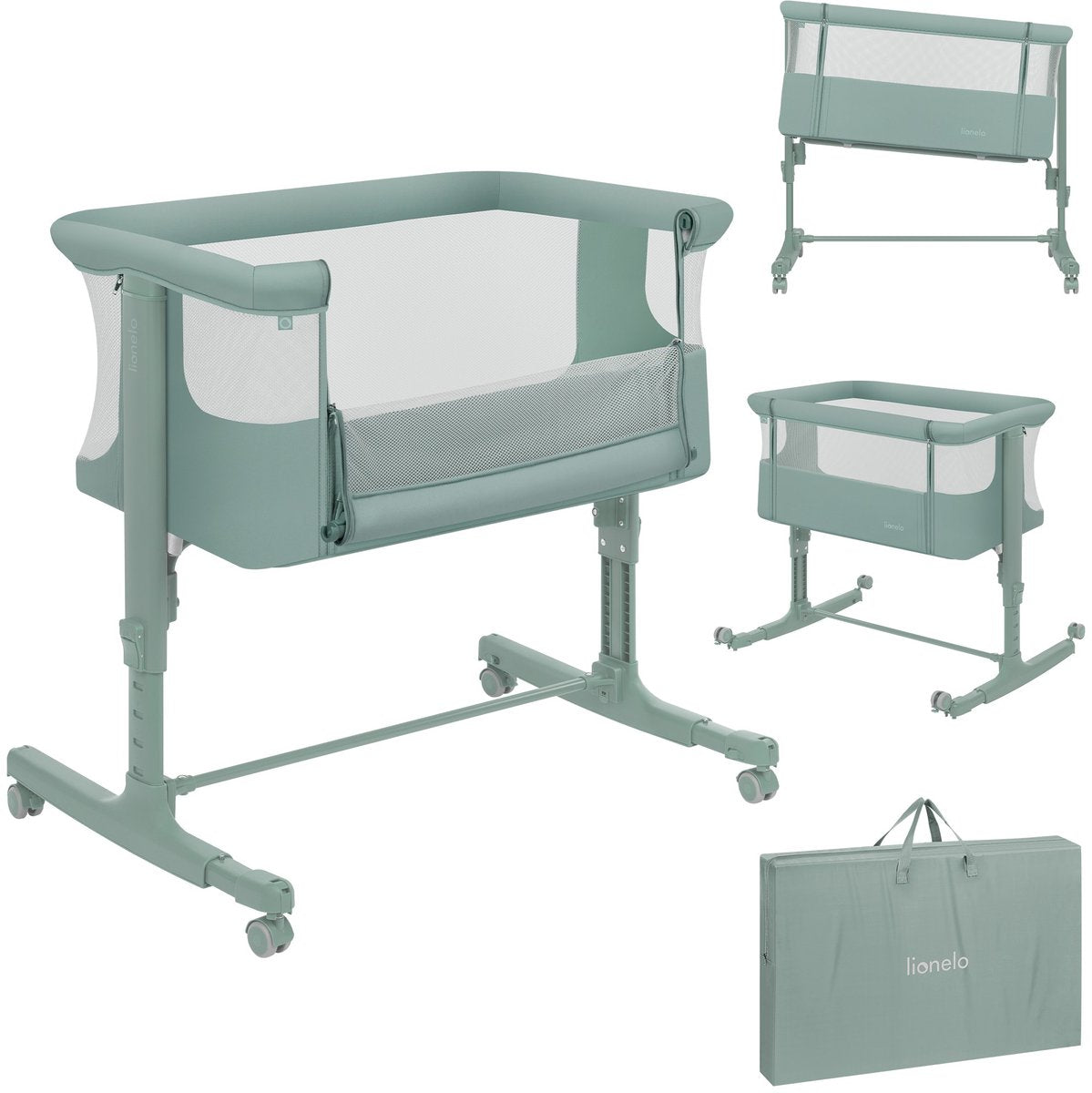 Lionelo Aurora 3in1 Beistellbett – Babybett bis 9 kg – Mitwachsbett – 4 Rollen mit Bremse – Campingbett – höhenverstellbar – atmungsaktives Netz – inklusive Matratzen-Transporttasche – abnehmbarer Bezug