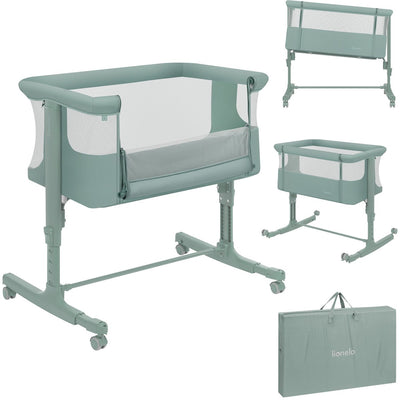 Lionelo Aurora 3in1 Beistellbett – Babybett bis 9 kg – Mitwachsbett – 4 Rollen mit Bremse – Campingbett – höhenverstellbar – atmungsaktives Netz – inklusive Matratzen-Transporttasche – abnehmbarer Bezug