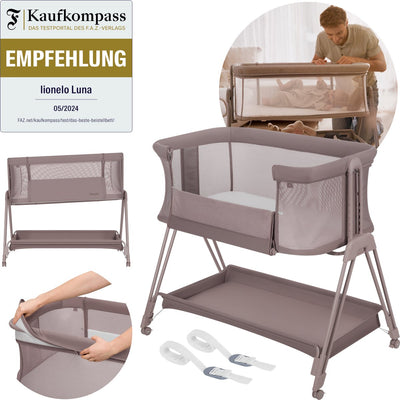 Lionelo Luna – 2-in-1-Babybett-Beistellbett – Geburt bis 9 kg – 7 Höhenpositionen – neigbare Matratze – Netzseiten – Räder mit Blöcken – waschbarer Bezug – inklusive Aufbewahrungskorb