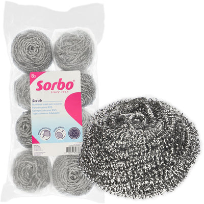 Sorbo – Metall-Scheuerschwamm – Set mit 8 Stück – extra starke Edelstahl-Scheuerschwämme 40 Gramm – entfernt hartnäckigen Schmutz von Pfannen, Backofengrill