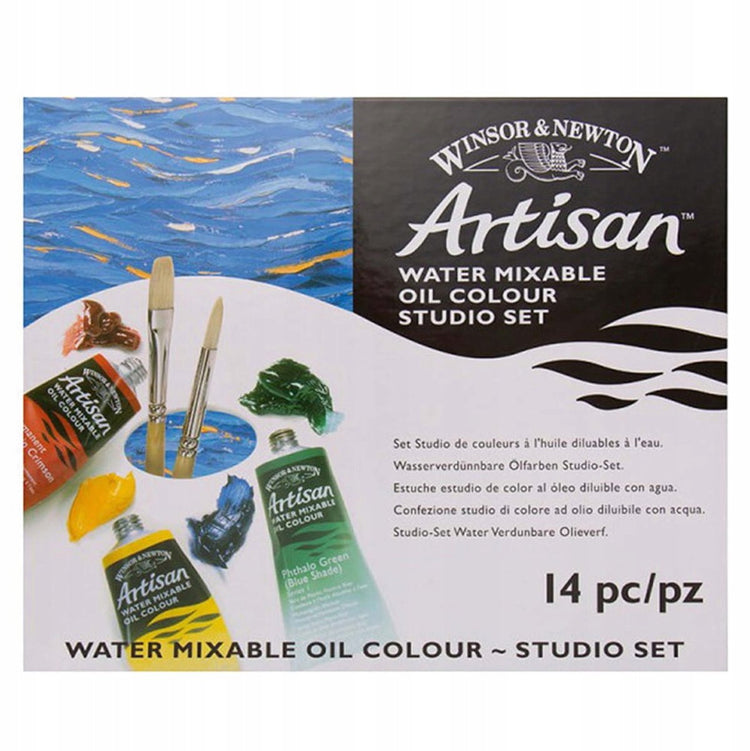 Winsor Newton 1590268 Artisan wassermischbare Ölfarbe – Studio-Set 10 x 37 ml + mittelgroße Pinsel