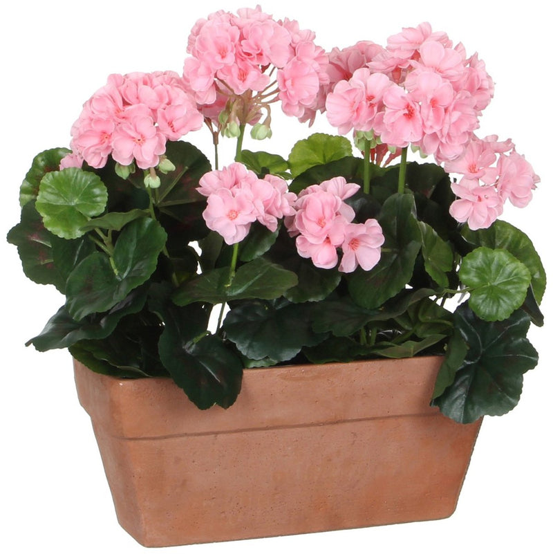 Glimmerdekorationen – künstliche Geranienpflanze im Balkonkasten – L29 x B13 x H40 cm – rosa