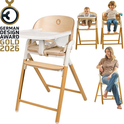 Lionelo Celia 3-in-1-Hochstuhl aus Holz – vom Baby bis zum Erwachsenen – verstellbare Sitzfußstütze – 5-Punkt-Gurt – Kunstlederpolsterung – inklusive Babyset-Futtertablett – Belastbarkeit bis 110 kg