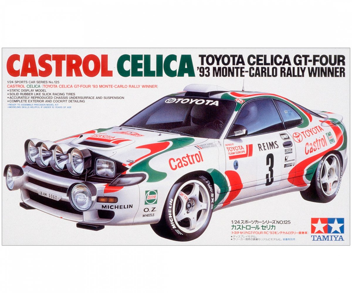 Tamiya Modellbausatzauto – 24125 Castrol Toyota Celica GT-Four – Sieger der Monte-Carlo-Rallye 93, Kunststoff – 1:24 – Modellbausatz