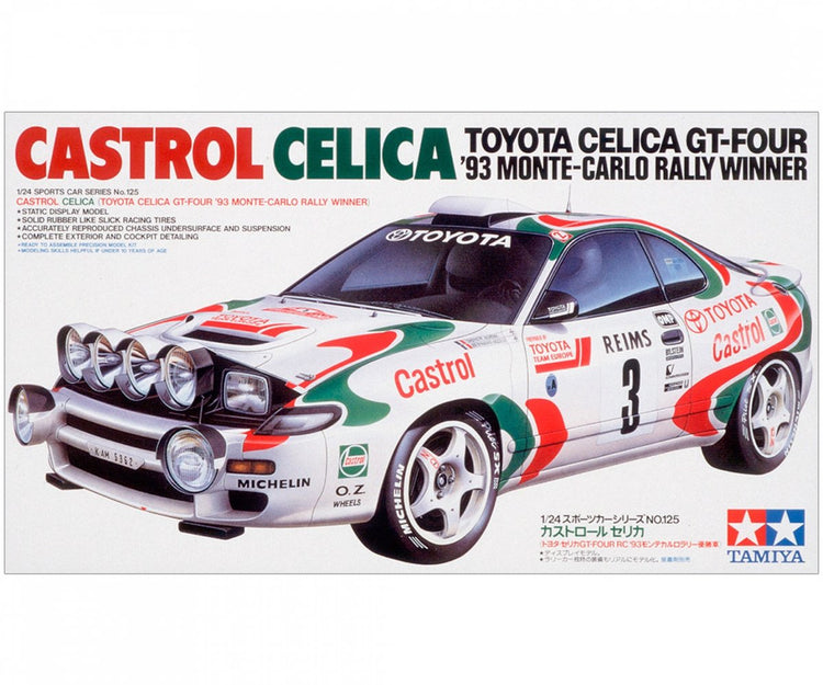 Tamiya Modellbausatzauto – 24125 Castrol Toyota Celica GT-Four – Sieger der Monte-Carlo-Rallye 93, Kunststoff – 1:24 – Modellbausatz