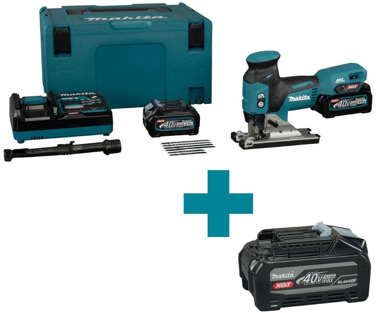 Makita JV001GD201 40V Max Akku-Stichsäge mit T-Griff-Körper | 2,5 Ah Akku (2 Stück), Schnellladegerät, in M-Box