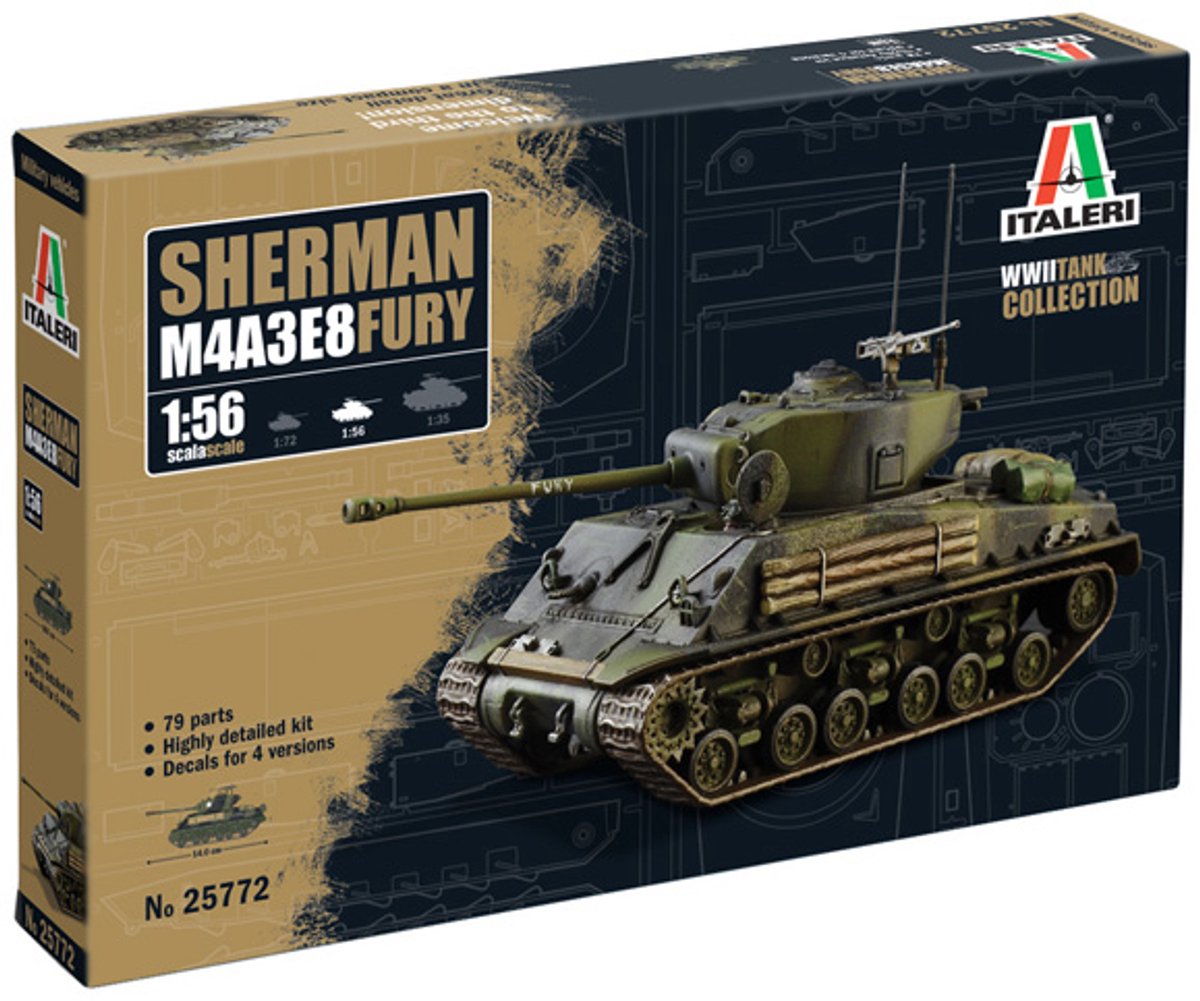Italeri Modellbausatz Flugzeug – 25772 M4A3E8 Sherman Fury Tank Wwii Kunststoff – 1:56 – Modellbau