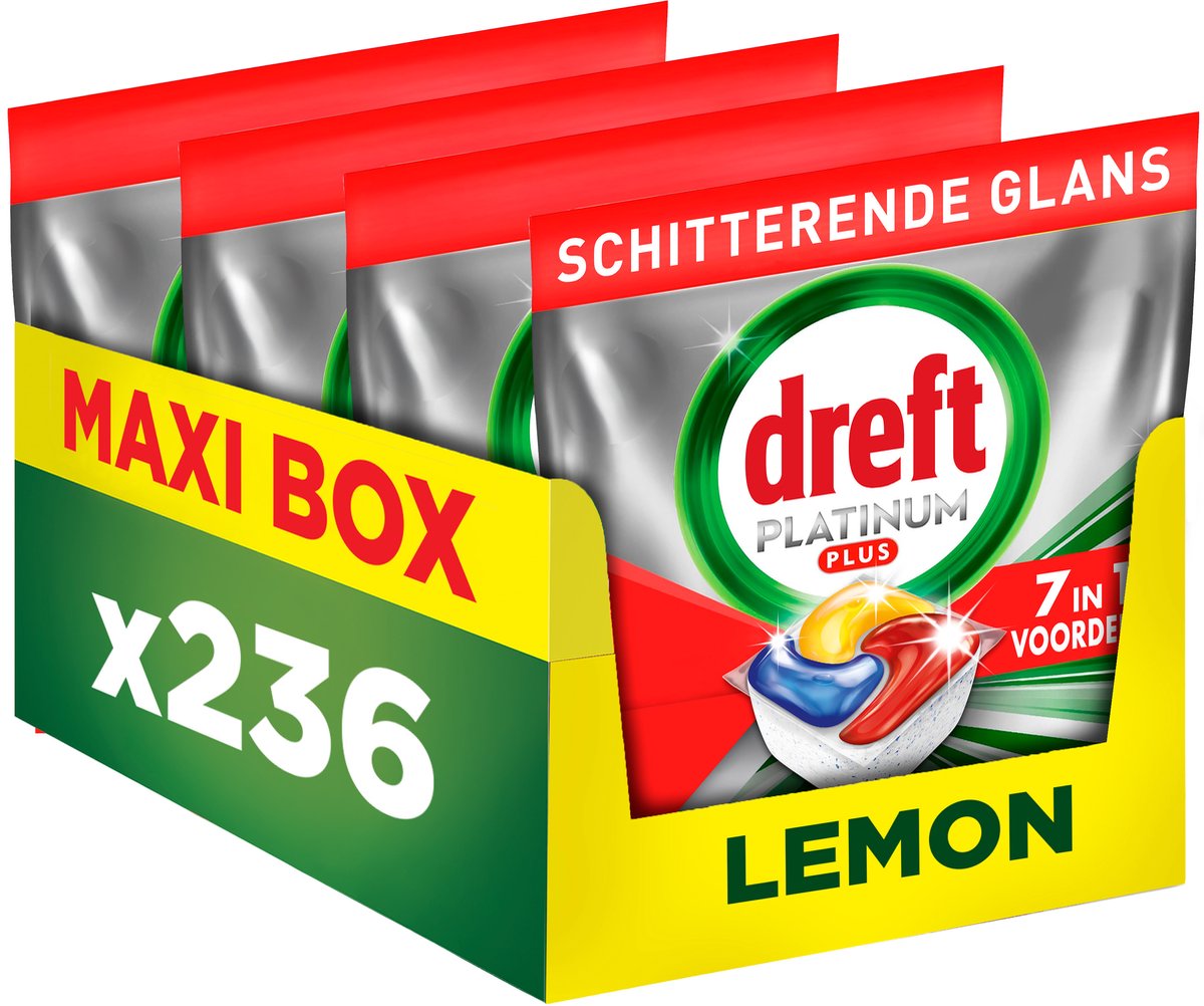 Dreft Platinum Plus Lemon Geschirrspültabs – Anti-Matt-Technologie – 4 x 59 Stück