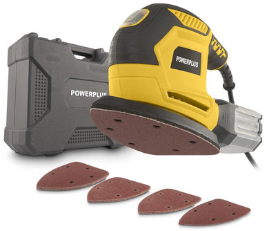 Powerplus elektrischer Handschleifer powx04810 – 220-W-Multischleifer – 15 Schleifblätter, Staubsammler, Aufbewahrungskoffer