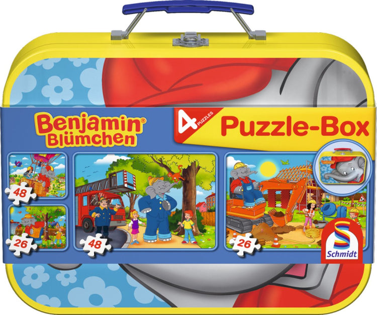Schmidt - Puzzle - Benjamin Blümchen, Puzzlebox, 2x26, 2x48 Teile - Teile im Metalletui - Kinder - ab 4 Jahren