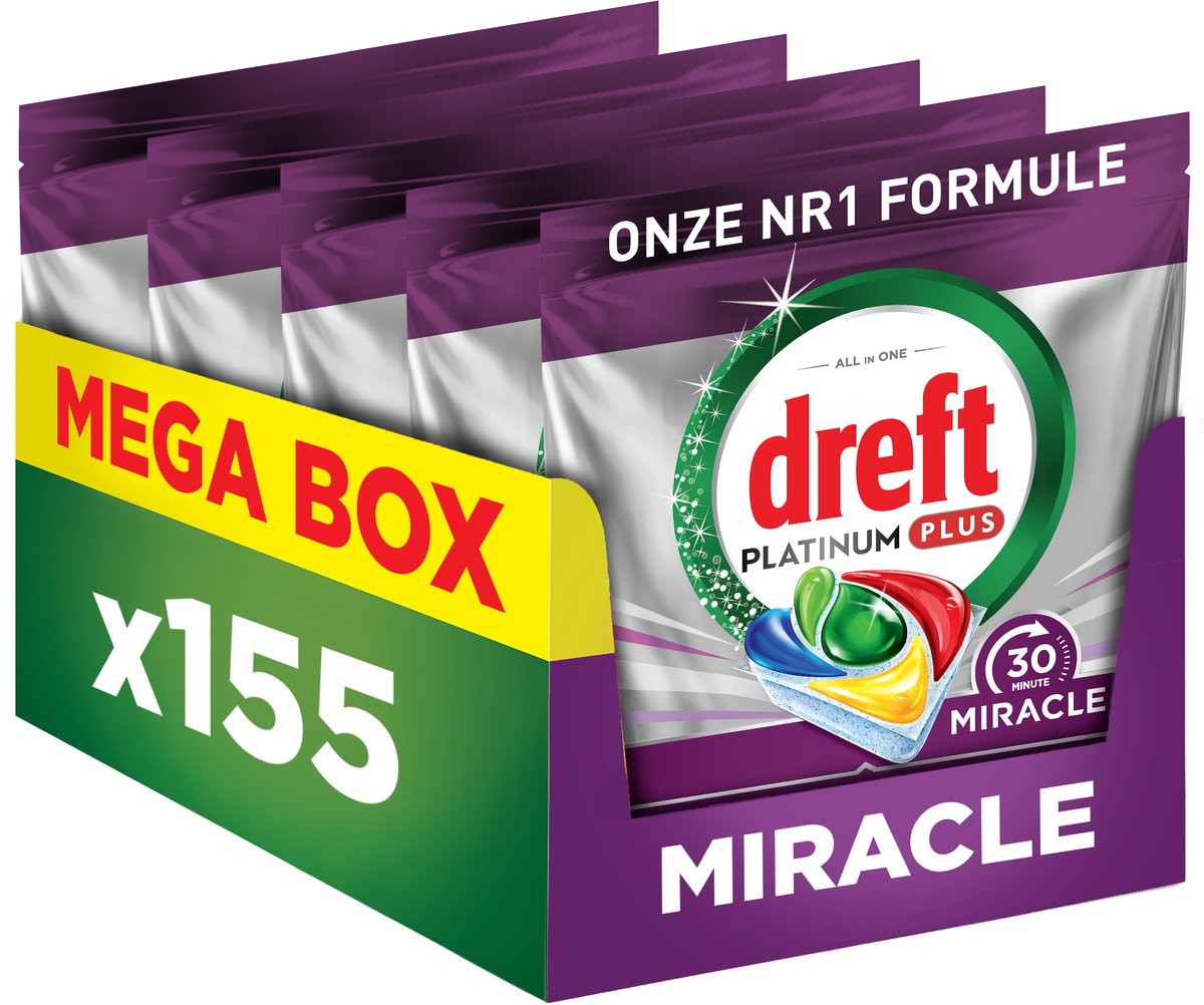 Dreft Platinum Miracle All-in-One – 30-Minuten-Wunder-Spülmaschinentabletten – Zitrone – 155 Stück