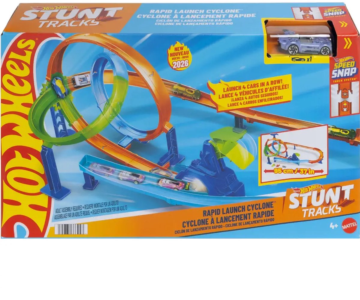 Mattel Hot Wheels Stunt-Strecken-Schnellstart-Cyclone-Streckenset und Spielzeugauto aus Metall