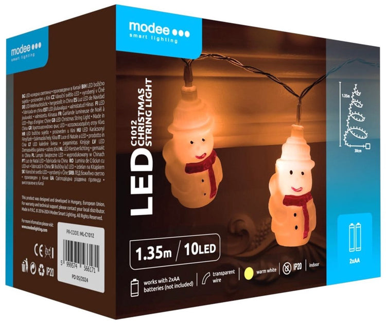 Modee Lichterkette Weihnachtsschneemänner 1,35 Meter – Weihnachtsbeleuchtung für drinnen – inklusive 2XAA-Batterien – 10 LED-Leuchten IP20 – 2700K – warmweißes Licht – pro Stück