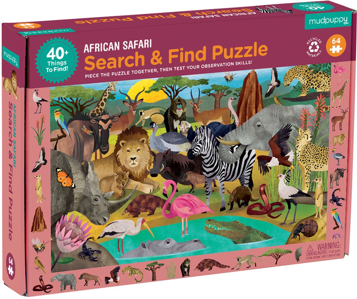 Mudpuppy Wimmelbildpuzzle – Afrikanische Safari – 59 x 39 cm – 64 Teile – 4 Jahre