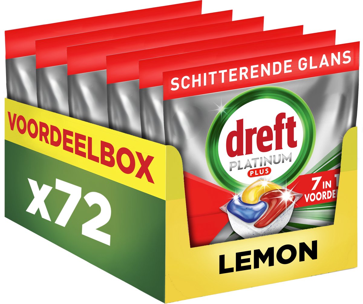 Dreft Platinum Plus All-in-One-Spülmaschinentabletten – Zitrone – Anti-Matt-Technologie – 72 Kapseln – Vorteilsbox