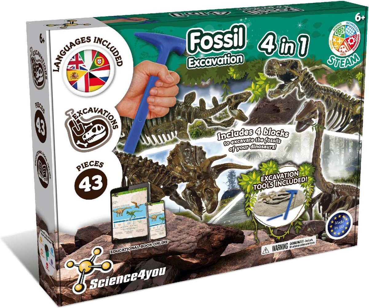 Science 4 You Science4You Fossil Excavation 4-in-1 Kit – Ausgrabung von Dinosaurierfossilien – Dino-Ausgrabungsset – mit Meißelhammer