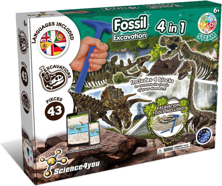 Science 4 You Science4You Fossil Excavation 4-in-1 Kit – Ausgrabung von Dinosaurierfossilien – Dino-Ausgrabungsset – mit Meißelhammer