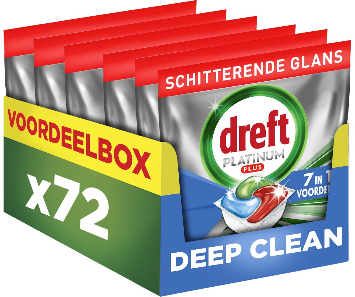 Dreft Platinum Plus All-in-One-Spülmaschinentabletten – Tiefenreinigungstechnologie – 72 Kapseln – Vorteilsbox