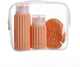 Muitomas Reisetasche + Gesichtsbürste + 2 Flaschen – kompakt – wasserdichte transparente Tasche – Silikon-Reiseflaschen – Pfirsichflaum