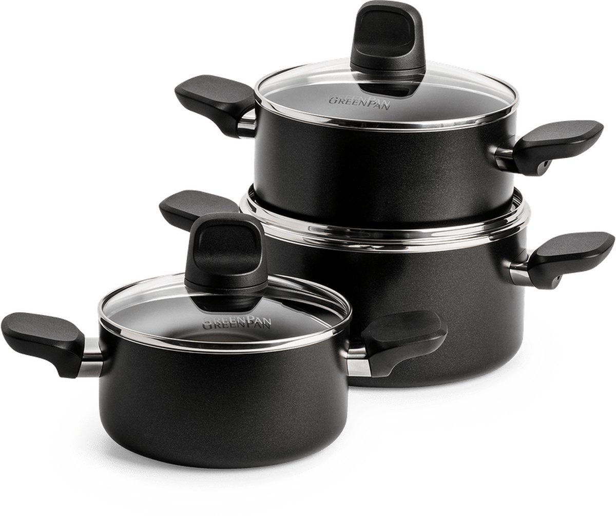 Greenpan Memphis Pfannenset 6-teilig – 16 18 20 cm – 1,6 2,1 3,1 l – PFAS-freie Antihaftbeschichtung – Induktionspfannenset – Keramikpfanne – ofenfest bis 160 °C – Kaltgriffe – mit Glasdeckel – Schwarz
