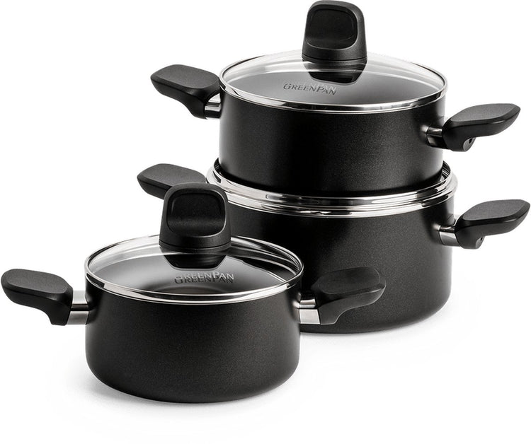 Greenpan Memphis Pfannenset 6-teilig – 16 18 20 cm – 1,6 2,1 3,1 l – PFAS-freie Antihaftbeschichtung – Induktionspfannenset – Keramikpfanne – ofenfest bis 160 °C – Kaltgriffe – mit Glasdeckel – Schwarz