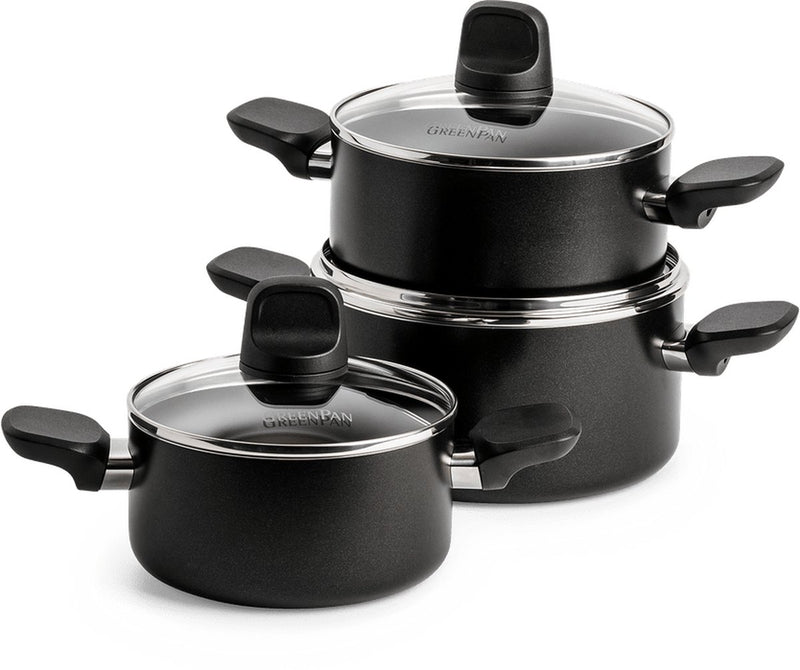 Greenpan Memphis Pfannenset 6-teilig – 16 18 20 cm – 1,6 2,1 3,1 l – PFAS-freie Antihaftbeschichtung – Induktionspfannenset – Keramikpfanne – ofenfest bis 160 °C – Kaltgriffe – mit Glasdeckel – Schwarz