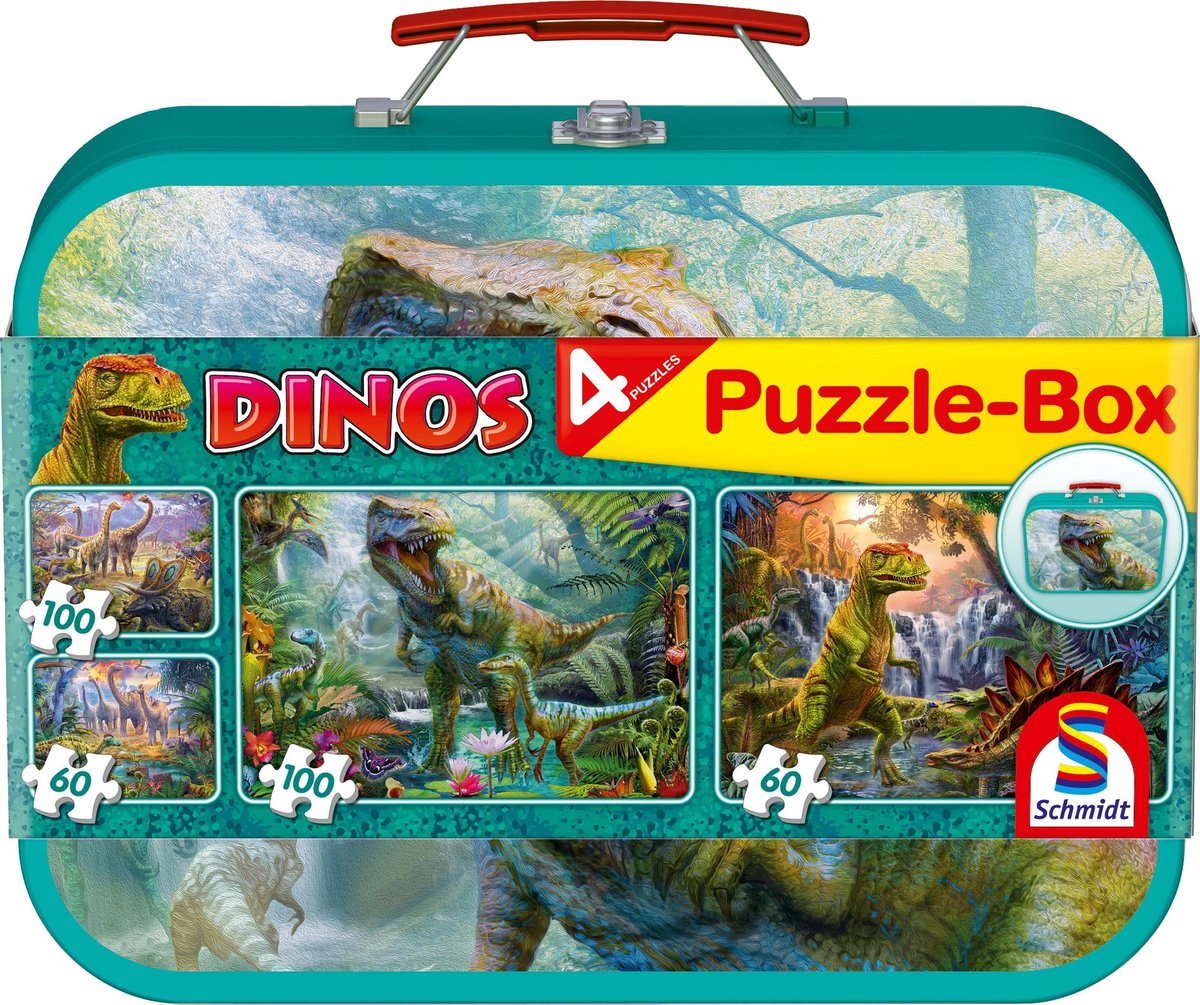 Schmidt - Puzzle - Dinosaurier, Puzzlebox, 2x60 2x100 Teile im Metalletui - Kinder - ab 6 Jahren