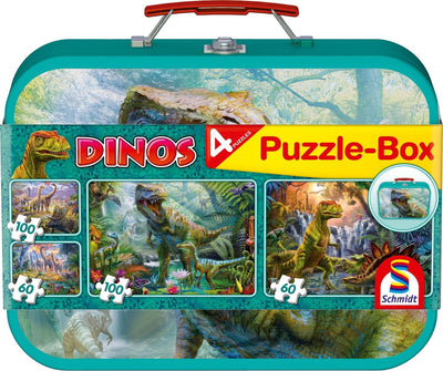 Schmidt - Puzzle - Dinosaurier, Puzzlebox, 2x60 2x100 Teile im Metalletui - Kinder - ab 6 Jahren
