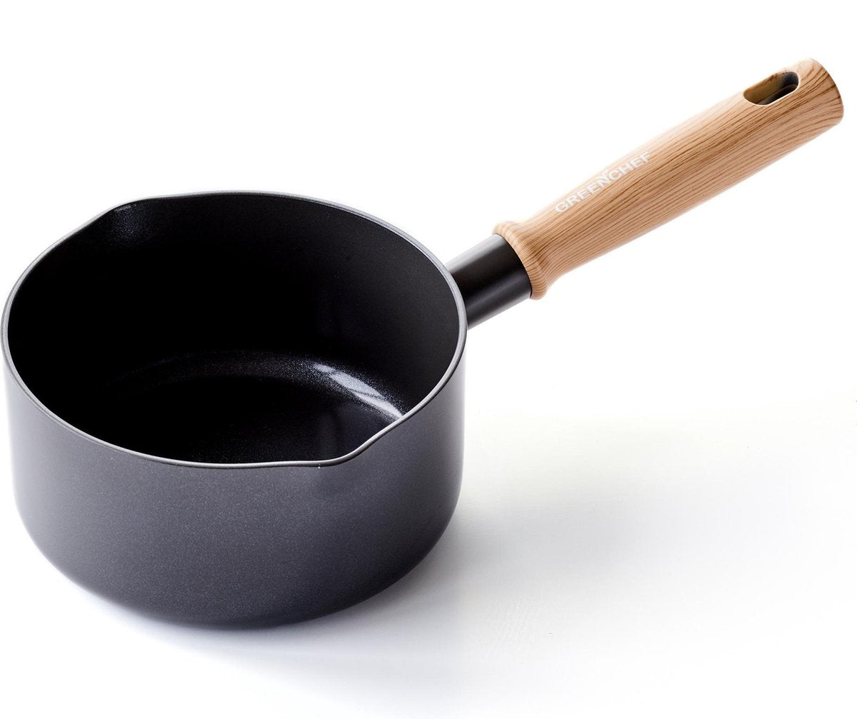 Greenchef Vintage Kochtopf 16 cm – 1,6 l – PFAS-freie Antihaftbeschichtung – Kochtopf Induktion – Keramikpfanne – ofenfest bis 160 °C – Holzgriff – Kühlgriff – ohne Deckel – Schwarz