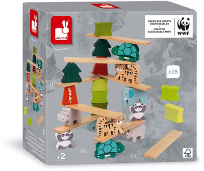 Janod WWF – Stapelspiel Bäume und Tiere – 2-in-1-Balancierspiel mit 28 Holzteilen – geeignet ab 2 Jahren