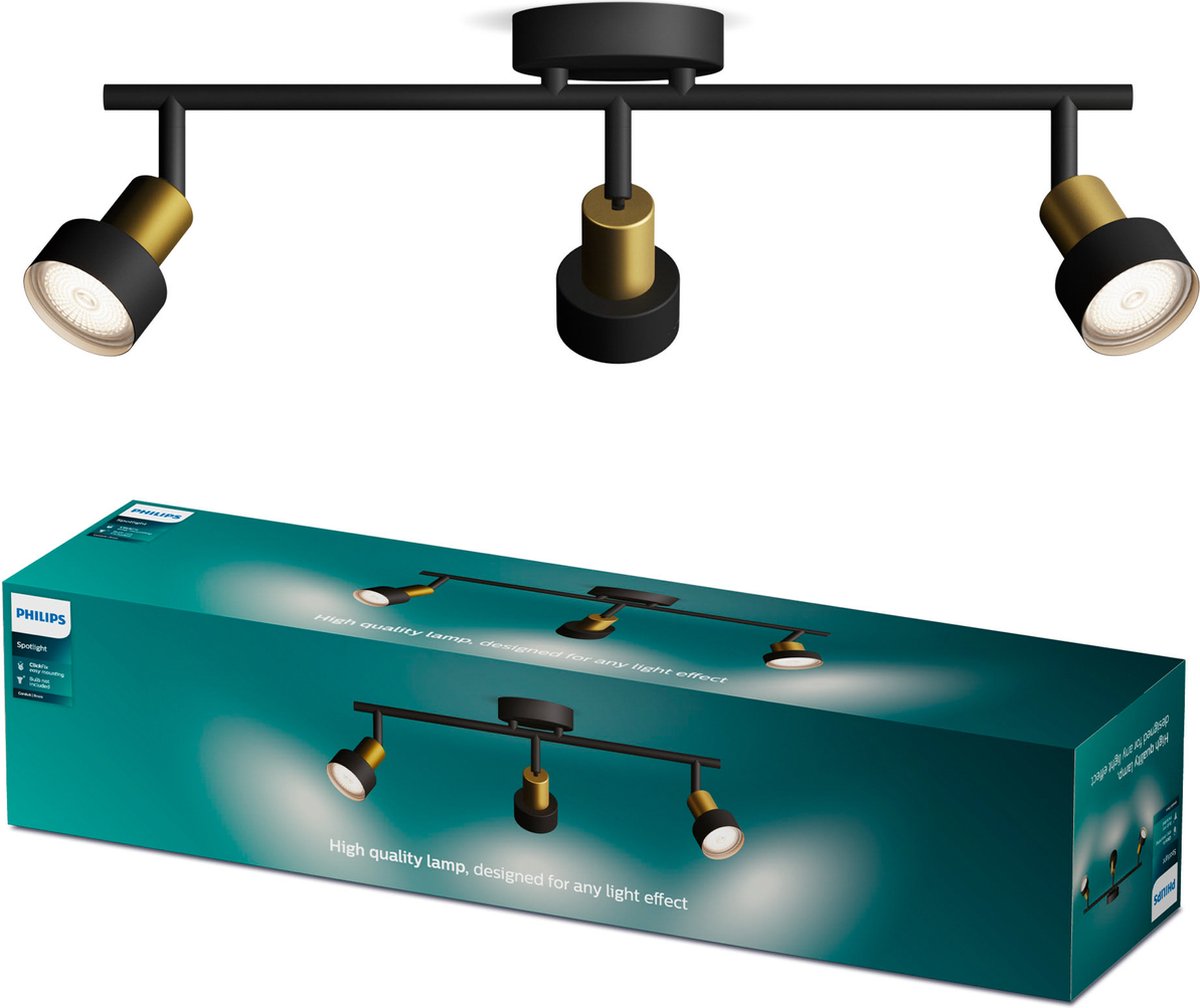 Philips LED Philips Conduit Spot – Deckenstrahler mit drei Lichtpunkten – Schwarz mit goldenem Design – GU10-LED-Fassung
