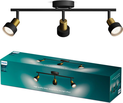 Philips LED Philips Conduit Spot – Deckenstrahler mit drei Lichtpunkten – Schwarz mit goldenem Design – GU10-LED-Fassung