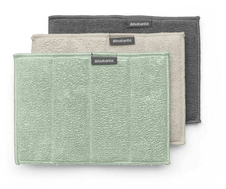 Brabantia Mikrofasertücher für den Spültisch – 3er-Set – 16 x 22 cm – sanftes Beige, Dunkelgrau, Jadegrün