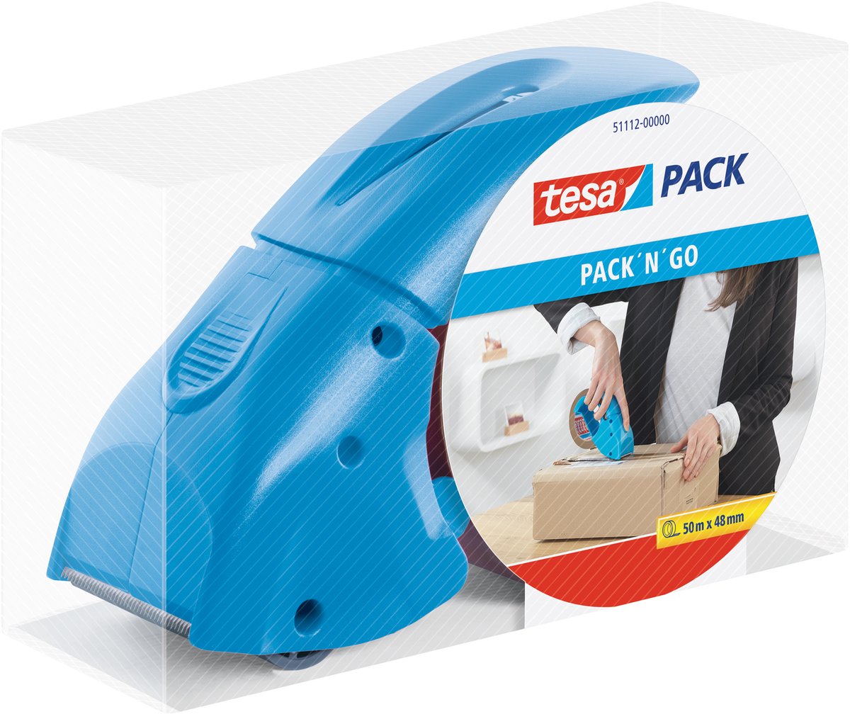 Tesa Pack Klebebandabroller Pack'n'Go ergonomischer blauer Handabroller mit Klebeband - 50 m x 48 mm