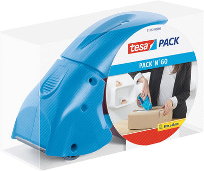 Tesa Pack Klebebandabroller Pack'n'Go ergonomischer blauer Handabroller mit Klebeband - 50 m x 48 mm