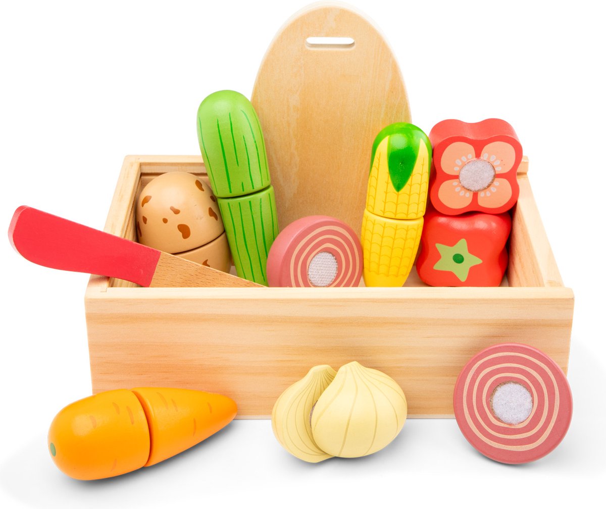 Woet New Classic Toys® Holzschneideset Gemüse in Aufbewahrungsbox – Spielset mit Schneidebrett, Karotte, Paprika, Gurke – Lernspielzeug zum Essen – Rollenspiel-Küchenspielzeug – ab 24 Monaten