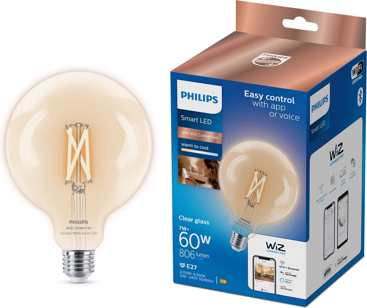 Philips Smart Lighting – Globe-Filament – Smart LED-Beleuchtung – warmes bis kaltweißes Licht – E27 – 60 W – transparent – WLAN