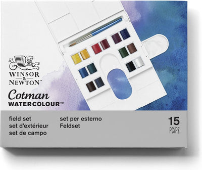 Winsor Newton 0390083 Cotman Aquarellfarben-Set – Feldset – 14 halbe Näpfchen Aquarell – kompaktes Reise-Aquarell-Set mit Pinsel