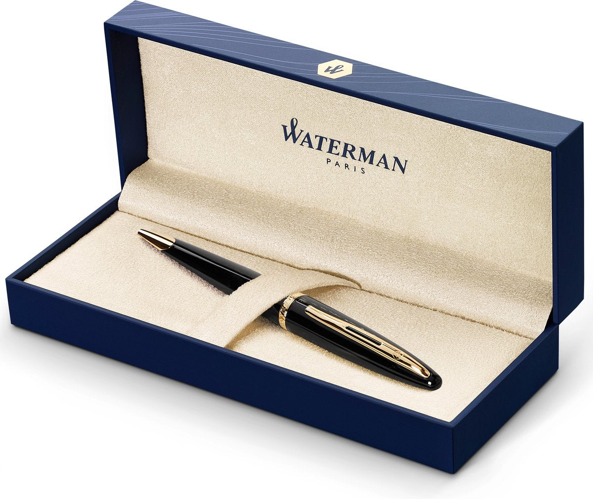 Waterman Carène Black Sea Kugelschreiber | hochglänzendes Schwarz mit 23-Karat-Goldclip | mittlere Spitze mit blauer Tintenpatrone | Geschenkverpackung