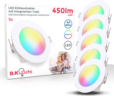 B.K. Licht – RGBW-Einbaustrahler – 5er-Set – Badezimmerbeleuchtung – mit Fernbedienung – dimmbar – farbiges Licht – IP44 – 9,2 cm x 4,5 cm (TxH) – Weiß