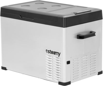 Steamy -e Einzonen-Kühlbox mit elektrischem Kompressor – Einzelzone – 36 Liter – 12 V und 230 V – für Auto und Camping – Silber
