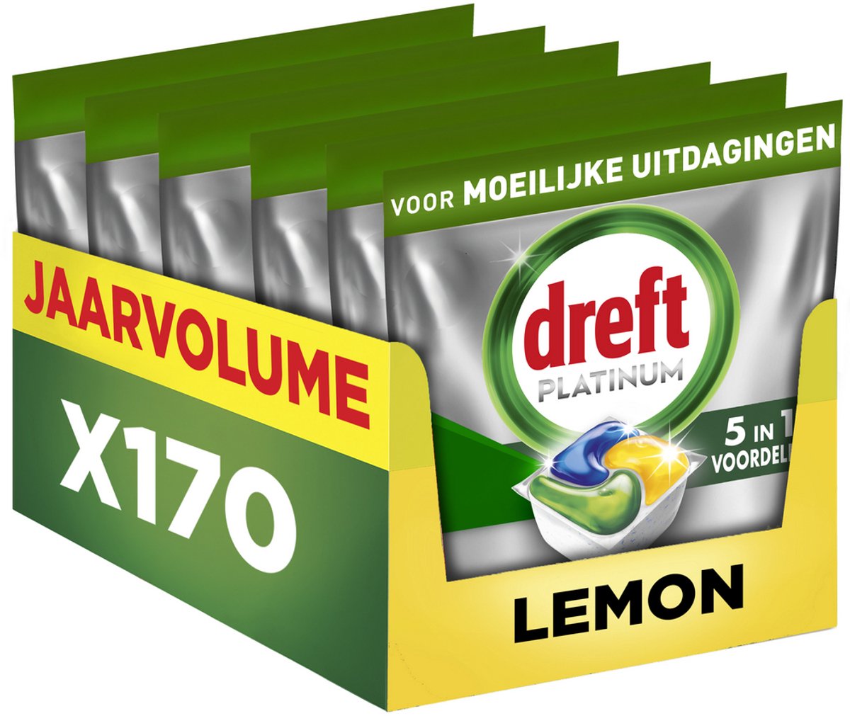 Dreft Platinum All-in-One-Spülmaschinentabletten – Zitrone – 170 Kapseln – Jahresmenge
