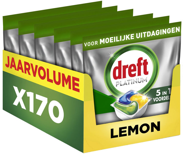 Dreft Platinum All-in-One-Spülmaschinentabletten – Zitrone – 170 Kapseln – Jahresmenge