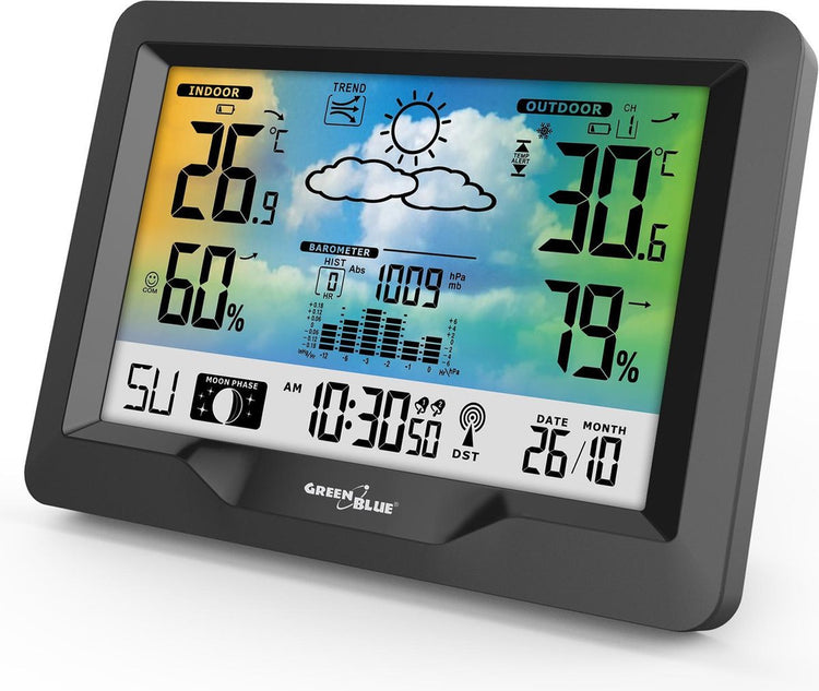 Greenblue GB540 Wetterstation mit Farbbildschirm, Innen- und Außentemperatur-DCF-System, Mondphasen, Barometer, Kalender