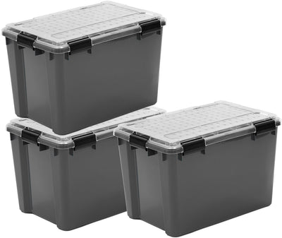 Iris Outdoor-Aufbewahrungsbox mit Polycarbonat-Deckel – 70 l – extra groß – für die große Lagerung großer Mengen – wasserdicht, luftdicht – Kunststoff – grau transparent schwarz – 3er-Set