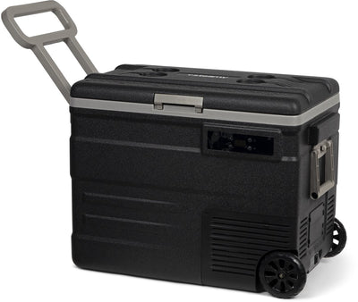Steamy -e Einzonen-Roller-Kühlbox mit elektrischem Kompressor auf Rädern – Einzelzone – 55 Liter – 12 V und 230 V – für Auto und Camping – Schwarz